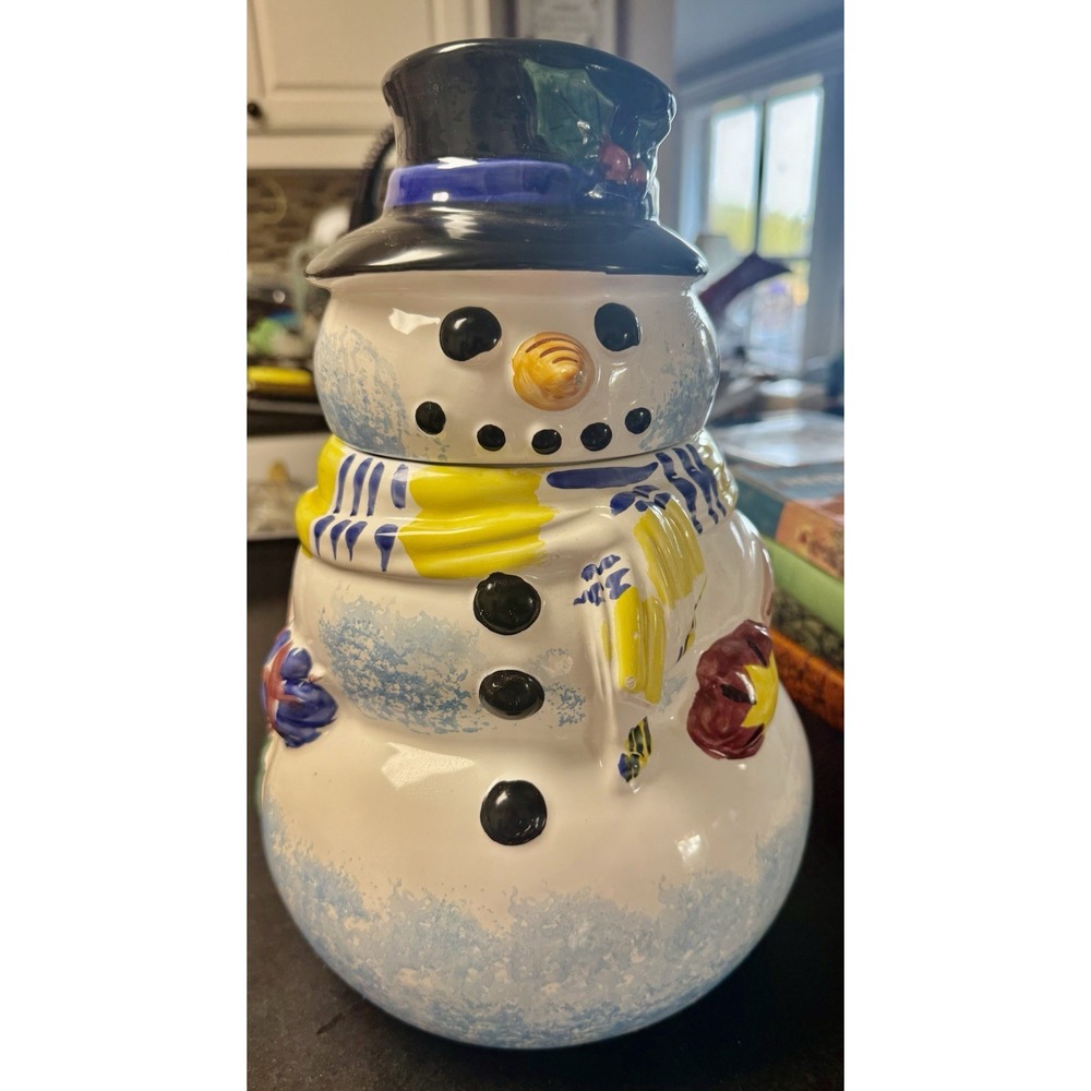 Vtg Handcrafted ITALY Christmas Present Tense Adorable Snowman Cookie Jar Winter